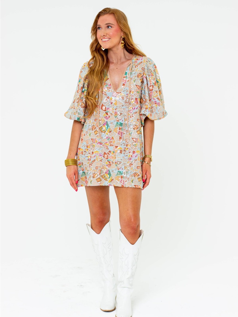 Buddy Love Deb Quilted Love Dress Multicolor Mosaic V-Neck Mini Dress
